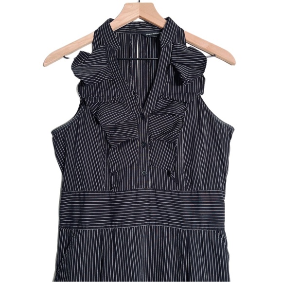 Express - Black White Pin Stripe Tuxedo Style Ruffle Halter Midi Dress Size 10 - Picture 2 of 4
